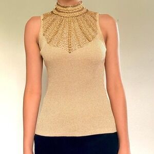 2000s Gold Beaded Metallic Knit Top
